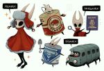  2girls artist_logo can canned_food cloak commentary condensed_milk english_commentary fur-trimmed_cloak fur_trim highres hollow_knight hollow_knight:_silksong hornet_(hollow_knight) ivan_khoroshev logo multiple_girls multiple_views passport pun red_cloak russian_text shakra_(hollow_knight) simple_background translated uaz-452 ushanka white_background 