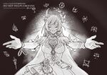  1girl breasts commentary commission coreflame_(honkai:_star_rail) cyrene_(honkai:_star_rail) cyrene_(ripples_of_past_reverie)_(honkai:_star_rail) dress english_commentary eulyin_huan greyscale hair_focus halo honkai:_star_rail honkai_(series) large_breasts long_hair monochrome smile solo very_long_hair 