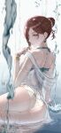  1girl absurdres arm_support ass asymmetrical_sidelocks bikini blush bracelet breasts brown_hair hair_bun highres higuchi_madoka idolmaster idolmaster_shiny_colors jewelry kagari_naoto looking_at_viewer looking_back medium_breasts mole mole_under_eye red_eyes reflection reflective_water shallow_water sidelocks single_hair_bun solo swimsuit water water_drop white_bikini 
