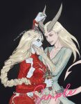  2girls absurdres baldur&#039;s_gate baldur&#039;s_gate_3 black_background black_lips blonde_hair blue_dress bodysuit braid circlet colored_skin cowboy_shot dagger demon_horns demon_tail detached_sleeves dress dungeons_&amp;_dragons grey_eyes headpiece highres holding holding_dagger holding_knife holding_weapon horn_grab horns kanaewit knife long_hair looking_at_another low-braided_long_hair low-tied_long_hair multiple_girls orin_the_red pointy_ears red_bodysuit sample_watermark simple_background single_braid smile tail tav_(baldur&#039;s_gate) tiefling watermark weapon white_skin 