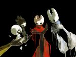  2girls 2others arthropod_girl black_background black_eyes blankowalska brown_hair cloak colored_skin full_body grey_cloak hat holding hollow_eyes hollow_knight hollow_knight:_silksong horned_mask hornet_(hollow_knight) knight_(hollow_knight) lace_(hollow_knight) long_sleeves looking_at_viewer mask multiple_girls multiple_others phantom_(hollow_knight) red_cloak short_hair simple_background sitting standing white_eyes white_hat white_mask 