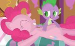  bed belly_rub cutie_mark featureless_crotch friendship_is_magic hair my_little_pony pink_hair pinkie_pie_(mlp) porygon2z purple_skin relaxing smile spike_(mlp) 