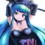  breasts cleavage elbow_gloves gloves green_hair large_breasts long_hair purple_eyes reaper_(sekaiju) reiesu_(reis) sekaiju_no_meikyuu sekaiju_no_meikyuu_5 solo 