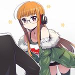  chan_co glasses headphones jacket long_hair orange_hair out_of_frame persona persona_5 sakura_futaba shorts solo_focus thighhighs 