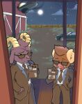 alien anthro black_clothing black_suit bovid caprine clothing domestic_pig doodlehog duo farm furries_in_black goat hi_res male male/male mammal men_in_black suid suine suit sus_(pig) ufo