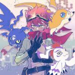  1boy bandana bandana_around_neck belt black_gloves blue_eyes demon_wings digimon digimon_(creature) digimon_story digimon_story:_time_stranger emr7 eye_mask gloves goggles goggles_on_head gomamon jacket looking_at_viewer male_focus mask mohawk multicolored_jacket patamon picodevimon putting_on_gloves red_hair red_scarf scarf skull_print torn_wings two-tone_jacket wings yellow_eyes yuuki_dan 