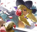  1boy 333takoyaki absurdres black_hat blonde_hair blue_eyes cavendish_(one_piece) commentary_request drill_hair flower flower_in_mouth hair_between_eyes hat highres holding holding_weapon long_hair looking_at_viewer male_focus mouth_hold one_piece petals rapier red_flower red_rose rose shirt solo sword teeth_hold upper_body weapon 