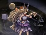  1girl artist_name ball_and_chain_restraint blonde_hair bow bowtie brown_horns chain commentary_request cuffs dated grin hair_bow hand_on_own_hip highres horn_ornament horn_ribbon horns ibuki_suika long_hair oni purple_skirt red_bow red_bowtie red_eyes ribbon ribbon-trimmed_skirt ribbon_trim shackles shirt skirt smile solo torn_clothes torn_sleeves touhou very_long_hair white_shirt zhuxie1264852 