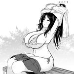  armpits arms_up blush breasts cleavage closed_eyes commentary_request dated from_side greyscale huge_breasts kurokawa_otogi layered_bikini long_hair monochrome navel original parted_lips school_uniform sideboob sitting skirt skirt_removed solo stomach sweat underboob undressing 