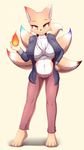  4_toes 5_fingers anthro black_nose canine chest_tuft clothed clothing digitigrade eyelashes female fox fur looking_at_viewer mammal midriff multi_tail navel simple_background solo standing tailzkim tan_fur toes tuft white_background wide_hips 