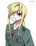  armor blonde_hair breast_pocket breasts collared_shirt cross green_shirt hair_over_one_eye highres iron_cross koalakanru long_sleeves medium_hair military_uniform original pauldrons pocket ponytail red_eyes reichsadler ribbon shirt shoulder_armor smile swastika wehrmacht world_war_ii 