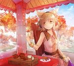  autumn_leaves bare_shoulders bracelet brown_eyes brown_hair chair cup dress earmuffs food hand_on_lap holding jewelry leaf makuwauri pink_dress plate sitting sketch sleeveless sleeveless_dress smile solo steam table teacup teapot touhou toyosatomimi_no_miko tray tree 