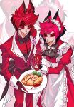  2boys 7104_co2 alastor_(hazbin_hotel) anger_vein animal_ears antlers apron black_bow black_bowtie black_neckerchief bottle bow bowtie broccoli colored_extremities colored_sclera colored_teeth cowboy_shot crossdressing crossdressing_(mtf) deer_antlers deer_ears dress eyewear_strap food from_above hazbin_hotel heart heart-shaped_eyewear hellaverse holding holding_bottle holding_plate horns jacket juliet_sleeves ketchup_bottle long_sleeves maid_apron maid_headdress male_focus monocle multiple_boys neckerchief omelet omurice pants plate puffy_sleeves red_dress red_eyes red_hair red_jacket red_pants red_sclera red_shirt shirt short_hair white_apron white_background yellow_teeth zoom_layer 