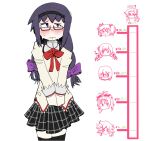  akemi_homura aki_mabayu akuma_homura black_hair black_skirt black_thighhighs blush bow braid closed_mouth dress dress_bow feet_out_of_frame glasses hair_bow highres kaname_madoka kiss_meter_(meme) long_hair looking_to_the_side mahou_shoujo_madoka_magica mdhmirl meme miki_sayaka mitakihara_school_uniform nervous nervous_sweating own_hands_together purple_bow purple_eyes red-framed_eyewear red_bow sakura_kyoko school_uniform simple_background skirt solo_focus standing sweat thighhighs tomoe_mami twin_braids wavy_mouth white_background white_dress zettai_ryouiki 