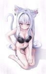  1girl absurdres ahoge animal_ear_fluff animal_ear_piercing animal_ears auroraescientia bare_arms bare_legs barefoot black_bra black_nails black_panties blue_eyes blunt_bangs blush bra breast_press breasts cat_ears cat_girl cat_tail cleavage closed_mouth collarbone commentary eyelashes floral_print floral_print_bra from_above frown full_body hair_intakes hair_over_breasts hand_on_own_hip hand_on_own_leg highres lace-trimmed_panties lace_trim large_breasts lingerie long_hair looking_at_viewer nail_polish navel original panties print_bra shadow side-tie_panties sidelocks simple_background sitting soles solo split_mouth stomach stomach_piercing straight_hair tail toes tsurime underwear underwear_only untied_panties upturned_eyes very_long_hair wariza white_background white_hair 