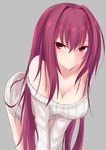  alternate_costume blush breasts casual cleavage fate/grand_order fate_(series) grey_background highres kesoshirou large_breasts long_hair looking_at_viewer purple_hair red_eyes scathach_(fate)_(all) scathach_(fate/grand_order) simple_background smile solo sweater 