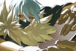  1boy 333takoyaki absurdres black_mask blue_eyes blue_hair brown_gloves commentary_request dr._stone fur_collar gloves hair_between_eyes highres hyoga_(dr._stone) looking_at_viewer lower_eyelashes_only male_focus mask mouth_mask simple_background solo upper_body 