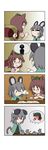  3girls 4koma =_= absurdres animal_ears brown_hair capelet comic crossed_arms ears_down flailing futatsuiwa_mamizou glasses grey_hair hair_strand highres leaf leaf_on_head lily_white long_sleeves map mouse mouse_ears mouse_tail multiple_girls nazrin pendulum raccoon_ears raccoon_tail rakugaki-biyori short_hair short_sleeves silent_comic solid_oval_eyes spoken_ellipsis spoken_person sweatdrop tail tail_wrap tears touhou 