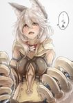  animal_ears blush breasts claw_(weapon) claws cleavage collar erune fang gloves granblue_fantasy hair_between_eyes large_breasts long_hair looking_at_viewer opanchu_(hakusen) open_mouth red_eyes sen_(granblue_fantasy) silver_hair simple_background solo speech_bubble translated weapon 