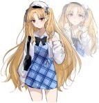  1girl arm_at_side bag beret biting_own_lip black_bow black_bowtie blonde_hair blue_dress blue_ribbon blush bow bowtie casual closed_mouth collared_jacket cropped_legs curtained_hair dress ereshkigal_(fate) fate/grand_order fate_(series) hair_ribbon hands_up hat highres holding holding_own_hair jacket light_blush long_hair long_sleeves looking_at_viewer microdress middle_part multiple_views nekwnek nervous nervous_sweating nose_blush official_alternate_costume open_clothes open_jacket plaid_clothes plaid_dress puffy_long_sleeves puffy_sleeves raised_inner_eyebrows red_eyes ribbon shoulder_bag simple_background sleeves_past_wrists split_mouth standing sweat sweatdrop two_side_up unmoving_pattern very_long_hair w_arms white_background white_hat white_jacket 