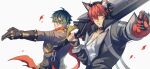  2boys animal_ear_fluff animal_ears black_gloves black_hair black_jacket body_fur closed_mouth collar collarbone commentary dog_boy dog_ears english_commentary finger_gun fingerless_gloves gloves green_eyes green_hair hair_between_eyes highres jacket jewelry jojo_pose komano_manato kujo_jotaro's_pose kuro_lee leather leather_jacket lighter_(zenless_zone_zero) looking_at_another looking_over_eyewear looking_to_the_side male_focus multicolored_hair multiple_boys muscular muscular_male necklace open_mouth over_shoulder pectorals red_bandage red_eyes red_hair red_pupils red_scarf scar scar_across_eye scar_on_face scarf shirt short_hair shoulder_spikes spiked_jacket spikes studded_gloves sunglasses sword sword_over_shoulder torn_clothes torn_scarf twitter_username upper_body weapon weapon_over_shoulder white_background white_shirt zenless_zone_zero 