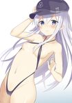  areola_slip areolae armpits bikini blue_eyes breasts collarbone cowboy_shot criss-cross_halter dutch_angle embarrassed flat_cap groin hair_between_eyes halter_top halterneck hat hibiki_(kantai_collection) highres kantai_collection long_hair looking_at_viewer micro_bikini nipple_slip nipples silver_hair simple_background small_breasts solo swimsuit wardrobe_malfunction wonder_yamada 