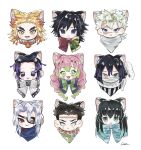  2girls 6+boys animal_ears bandages_over_mouth blank_eyes blonde_hair blue_eyes blush bow bowtie chibi chibi_only cocona_kmt empty_eyes eyepatch green_hair heterochromia highres himejima_gyoumei iguro_obanai kanroji_mitsuri kimetsu_no_yaiba kochou_shinobu long_hair looking_at_viewer multicolored_hair multiple_boys multiple_girls open_mouth pink_hair purple_eyes purple_hair red_eyes rengoku_kyoujurou scar scar_on_face shinazugawa_genya shinazugawa_sanemi short_hair smile snake spiked_hair tokitou_muichirou tomioka_giyuu two-tone_hair 