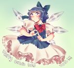  1girl blue_bow blue_eyes blue_hair blush bow cirno dress english frills hair_bow hand_gesture ice ice_wings looking_at_viewer open_mouth orz_(kagewaka) puffy_sleeves short_hair short_sleeves solo touhou wings 