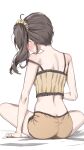  1girl absurdres ahoge ass back backboob bare_arms bare_shoulders blush breasts brown_hair butt_crack camisole commentary crop_top dolphin_shorts frilled_camisole frills from_behind hair_ornament hair_scrunchie highres hololive long_hair median_furrow micro_shorts midriff nape natsuiro_matsuri natsuiro_matsuri_(matsuri's_day_off) on_bed orange_shorts profile scarlet_(wv0102) scrunchie shorts shoulder_blades simple_background single_off_shoulder sitting solo spread_legs strap_slip sweatdrop symbol-only_commentary taut_clothes taut_shorts turning_head virtual_youtuber white_background yellow_camisole yellow_scrunchie 