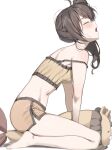  1girl absurdres ahoge back bare_arms bare_legs bare_shoulders barefoot between_legs blush brown_hair camisole commentary crop_top dolphin_shorts ebi_frion_(natsuiro_matsuri) english_commentary facing_up food frilled_camisole frills from_side full_body highres hololive hunched_over leaning_forward long_hair mascot micro_shorts midriff natsuiro_matsuri natsuiro_matsuri_(matsuri's_day_off) navel open_mouth orange_shorts profile raised_inner_eyebrows ribbed_camisole scarlet_(wv0102) seiza shorts shoulder_blades shrimp shrimp_tempura side_ponytail side_slit simple_background sitting sleepwear solo strap_slip stuffed_animal stuffed_lion stuffed_toy tears tempura toes virtual_youtuber white_background yawning yellow_camisole 