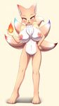  4_toes 5_fingers anthro barefoot big_breasts black_nose breasts canine chest_tuft digitigrade eyelashes female fox fur looking_at_viewer mammal multi_tail navel open_mouth pussy simple_background solo standing tailzkim tan_fur teeth toes tongue tuft white_background wide_hips 