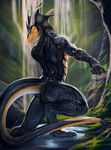 5_fingers aaros_(artist) anthro bare_back blurred_background claws detailed detailed_background dragon horn lizard male reptile scalie smile solo standing water 