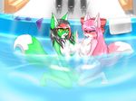  2016 anthro big_breasts blush breasts canine censored chest_tuft clothing duo eyelashes female fox fur green_fur hair hi_res kemono mammal milkteafox multicolored_fur open_mouth pink_fur ruby_fox swimsuit tuft white_fur 