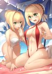  ahoge all_fours beach_towel beach_umbrella blonde_hair blurry blush braid breasts bu_li cleavage cloud day depth_of_field drinking fate/extra fate/extra_ccc fate_(series) green_eyes large_breasts multiple_girls navel nero_claudius_(fate) nero_claudius_(fate)_(all) open_mouth outdoors red_swimsuit sitting sky slingshot_swimsuit strap_gap swimsuit towel umbrella wariza white_swimsuit wind 