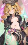  1girl basket black_coat blonde_hair body_markings breasts broken_helmet candy coat commentary_request cosplay earclip fang food frontless_outfit green_eyes green_nails hair_between_eyes helmet highres holding holding_basket holding_candy holding_food large_breasts long_hair looking_at_viewer midna midna_(cosplay) navel open_mouth pelvic_curtain pointy_ears princess_zelda shuri_(84k) skin_fang smile solo speech_bubble the_legend_of_zelda the_legend_of_zelda:_twilight_princess translation_request 