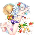  anklet ass ball barefoot beachball between_legs bikini braid breasts clog_sandals drink feet flower food fruit fruit_bowl furrowed_eyebrows giuniu half-closed_eyes hat hibiscus jewelry large_breasts light_blue_hair long_hair looking_at_viewer looking_back lotion lying mouth_hold naughty_face official_art on_stomach orange original platform_footwear queen_mary_(uchihime) sandals_removed shoes shoes_removed smile soles solo straw_hat sunscreen swimsuit toe_scrunch toes transparent_background trefoil uchi_no_hime-sama_ga_ichiban_kawaii untied untied_bikini untied_shoes yellow_eyes 