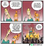 antlers axe battle_axe black_eyebrows black_eyes blonde_hair bound centaur clothing crown dress elf elf_(merrivius) elf_comic english_text equid equid_taur european_mythology eyebrows eyelashes eyes_closed facepalm female fire greek_mythology green_clothing green_dress group hair headgear hi_res high_priestess_(merrivius) horn humanoid_pointy_ears humanoid_taur humor light_body light_skin long_hair mammal mammal_taur melee_weapon merrivius mythology orange_hair pitchfork pointy_ears pointy_nose polearm ponytail silhouette size_difference spear speech_bubble taur text tiara tools weapon yelling