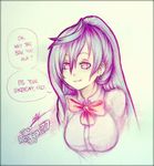  blue_hair breasts cleavage colored_pencil_(medium) commentary english iris_heart isaki_tanaka kami_jigen_game_neptune_v large_breasts long_hair looking_at_viewer neptune_(series) purple_hair red_eyes sketch smile solo symbol-shaped_pupils traditional_media upper_body 