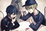  2boys amami_rantarou arm_rest baseball_cap blue_hair chair closed_eyes cup danganronpa earrings gakuran green_eyes green_hair grey_background hat hat_removed headwear_removed jewelry maid male_focus multiple_boys new_danganronpa_v3 pinstripe_pattern protected_link saihara_shuuichi school_uniform shanshan_(wwwwwcojp) short_hair simple_background sitting striped stud_earrings tea teacup toujou_kirumi yawning 