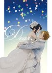  1girl balloon black_hair brown_hair carrying closed_eyes couple dress flower formal from_side hair_flower hair_ornament hetero kitashirakawa_tamako long_hair momose_(oqo) ooji_mochizou profile short_hair suit tamako_market wedding_dress 