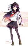  akatsuki_(kantai_collection) anchor_symbol artist_name bangs black_legwear flat_cap full_body hand_on_own_head hat kantai_collection ko-on_(ningen_zoo) long_hair long_sleeves looking_at_viewer neckerchief pantyhose pleated_skirt purple_eyes purple_hair red_neckwear remodel_(kantai_collection) school_uniform serafuku shoes signature skirt smile solo standing tareme twitter_username very_long_hair white_background 