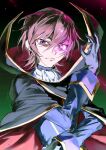  1boy 333takoyaki absurdres black_cape brown_hair cape closed_mouth code_geass commentary_request geass gloves glowing glowing_eye hair_between_eyes highres lelouch_vi_britannia long_sleeves looking_at_viewer male_focus purple_eyes purple_gloves red_cape simple_background solo upper_body 