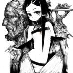  1boy 1girl beard bottomless breasts closed_mouth contrapposto cowboy_shot dress expressionless facial_hair food fruit fur-trimmed_dress fur_trim grapes greyscale heart jewelry_request long_hair looking_at_viewer microdress mole mole_under_eye monochrome old old_man original pon_(tab_rasa) robe_partially_removed short_bangs sidelocks simple_background small_breasts spot_color standing strapless strapless_dress tray 