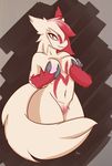  2016 anthro breasts cupping digital_media_(artwork) eye_contact female fur grin holding_(disambiguation) knavesaga looking_at_viewer looking_back nintendo nipples nude pok&eacute;mon smile solo standing stare veck video_games zangoose 