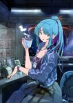  1girl absurdres aqua_eyes bag black_skirt blue_hair blue_jacket breasts ceiling_light chair cleavage clip_studio_paint_(medium) colored_inner_hair commentary_request cup desk earclip earrings english_text eudetenis heterochromia high_ponytail highres holding holding_cup indoors jacket jewelry lanyard long_hair long_sidelocks looking_at_viewer mole mole_on_breast mug multicolored_hair necklace night on_chair original parted_lips ponytail purple_eyes sidelocks sitting skirt slice_of_life smile solo steam steaming_cup stud_earrings teapot window 