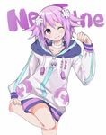  character_name choker d-pad d-pad_hair_ornament hair_ornament hood hooded_track_jacket hoodie jacket neptune_(choujigen_game_neptune) neptune_(series) one_eye_closed purple_eyes purple_hair short_hair solo track_jacket tsuminaya 