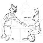  2016 anthro black_and_white canine clothed clothing disney duo_focus food fox group lagomorph mammal monochrome pie rabbit replytoanons sitting zootopia 