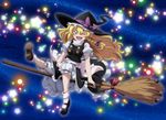  ;d blonde_hair bloomers bow braid broom broom_riding commentary_request hair_bow hat hat_bow kicking kirisame_marisa leg_up long_hair looking_at_viewer lunamoon mary_janes one_eye_closed open_mouth shoes short_sleeves side_braid single_braid smile solo star touhou underwear wavy_hair witch_hat yellow_eyes 