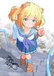  1girl animal_ear_fluff animal_ears artist_name bag blonde_hair blue_sailor_collar blue_skirt blue_socks blush bow bowtie breasts brown_bag brown_shoes cleavage closed_mouth collarbone from_above green_eyes head_tilt highres light_smile loafers original outdoors outstretched_arm pleated_skirt purple_bow purple_bowtie railing sailor_collar school_bag school_uniform serafuku shirt shoes short_twintails signature skirt smile socks solo spiral_staircase stairs totomoto twintails walking white_shirt 