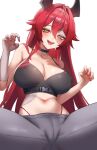  1girl :d absurdres ahoge alternate_costume bare_shoulders black_choker black_sports_bra blush breasts buckle choker claw_pose cleavage collarbone commentary_request covered_nipples double-parted_bangs fangs fingernails goddess_of_victory:_nikke grey_pants hair_between_eyes hair_flaps hair_intakes halloween_costume highleg highleg_panties highres horns large_breasts long_fingernails long_hair looking_at_viewer maviss_03 mechanical_horns midriff navel open_mouth paid_reward_available panties pants red_hair red_hood_(nikke) red_nails sidelocks simple_background sitting smile snap-fit_buckle solo sports_bra spread_legs stitched_arm stitched_face stitched_torso stitches teeth underbust underwear upper_teeth_only variant_set very_long_hair white_background yellow_eyes 